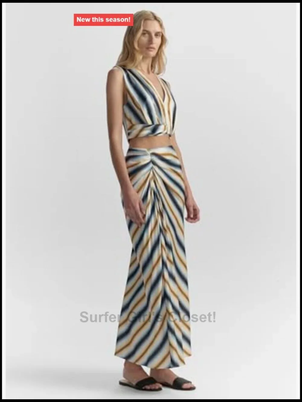 Cropped Sleeveless V-Neck Twisted Front Stripe Viscose Satin Tank Top